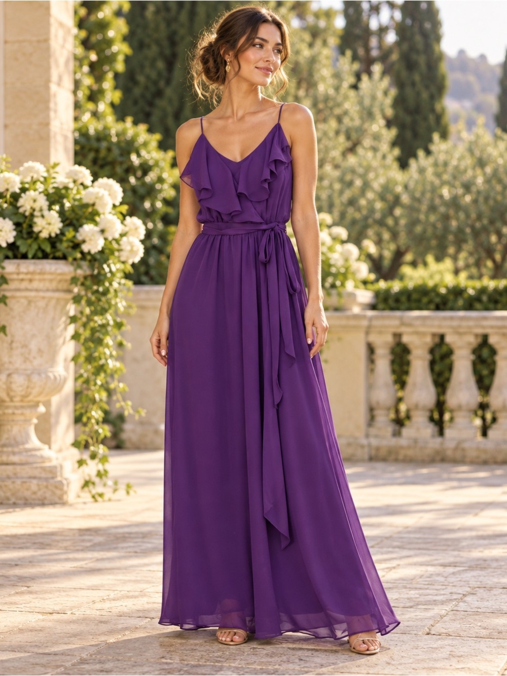 Nouvelle Amsale Purple Chiffon Ruffle Maxi Gown Dress Small Belted